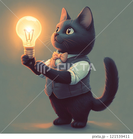 アイデアを象徴する電球を持つ黒猫 121539411