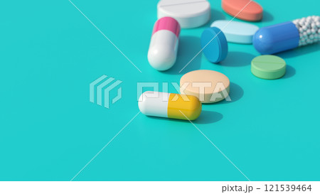 Scattered Pills on Blue Background, top view. Space for copy. 3D Rendering 121539464