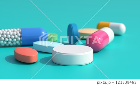 Scattered Pills on Blue Background, top view. Space for copy. 3D Rendering 121539465
