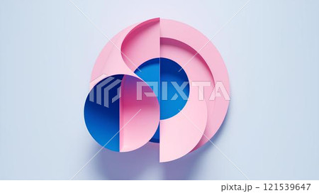Modern abstract 3D geometric background of circles and semicircles in pink and blue pastel colors on light background.	 121539647
