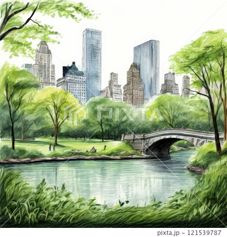 the AI Image Generator, Urban Park With Skyline and Scenic Bridge Over Water 121539787