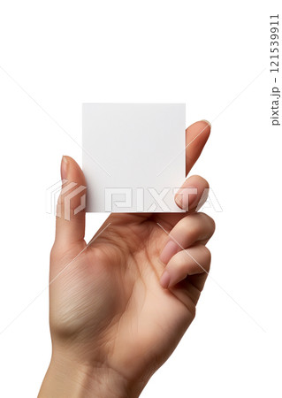 Woman's hand holding blank white square paper for custom design display 121539911