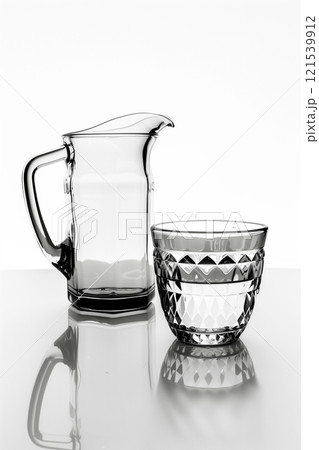 Clear glass and jug containing water isolated on a white background 121539912