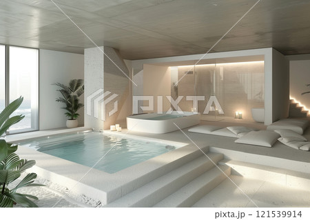 Luxurious minimalist bathroom interior featuring plunge pool and bathtub lounge area 121539914