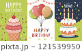 Happy Birthday greeting card with cute balloons, ice-cream, cake and colorful confetti 121539950