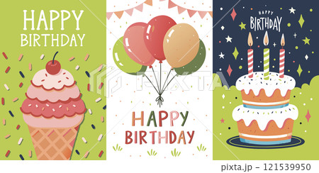 Happy Birthday greeting card with cute balloons, ice-cream, cake and colorful confetti 121539950