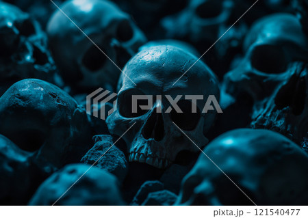 Pile of human skulls 121540477