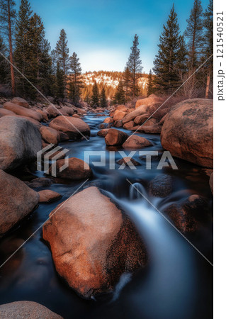 Wild mountain river flowing through rocks in autumn landscape 121540521