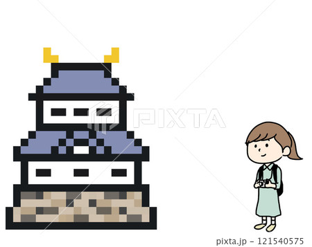 カメラを持った女性とお城のイラスト カメラを持った女性とお城のイラスト 121540575
