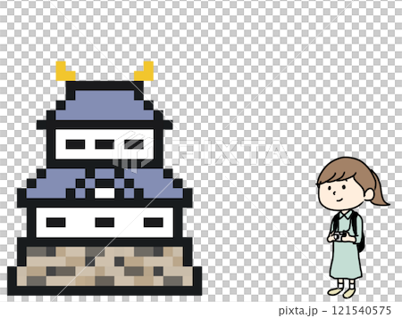 カメラを持った女性とお城のイラスト カメラを持った女性とお城のイラスト 121540575