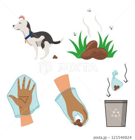Dog poo clean up steps infographic set. Vector poster about hygiene animal, toilet cleaning information after your dog. Pick up poo after pets, picking waste in canine bag and throw in the trash Dog poo clean up steps infographic set. Vector poster about hygiene animal, toilet cleaning information after your dog. Pick up poo after pets, picking waste in canine bag and throw in the trash 121540824