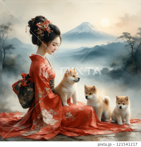 日本の着物を着た女性と柴犬の初日の出 121541217