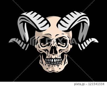 Skull with ram horns on a dark background. 121541334