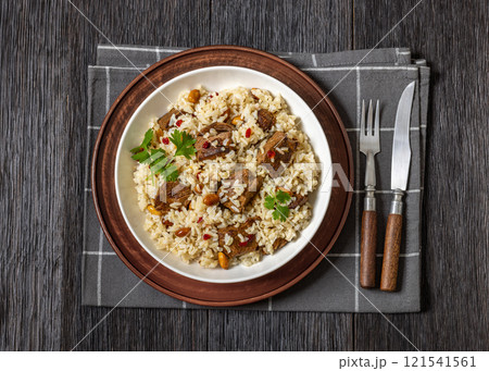 beef and rice in white bowl, top view 121541561