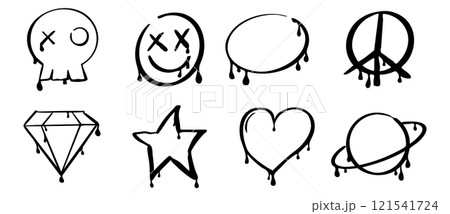 Graffiti y2k groovy tattoo hand drawn paint with splatter street drawing. Heart, smile arrow elements, ink print. Trendy splash brush illustrations. Graffiti y2k groovy tattoo hand drawn paint with splatter street drawing. Heart, smile arrow elements, ink print. Trendy splash brush illustrations. 121541724