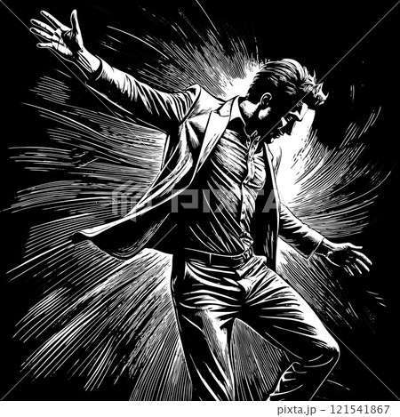Dramatic Black and White Illustration of a Man in Suit Dancing Passionately Dramatic Black and White Illustration of a Man in Suit Dancing Passionately 121541867