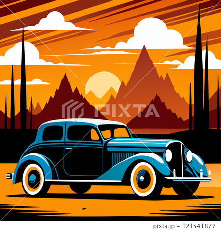 Vintage Blue Car on a Mountain Road at Sunset 121541877