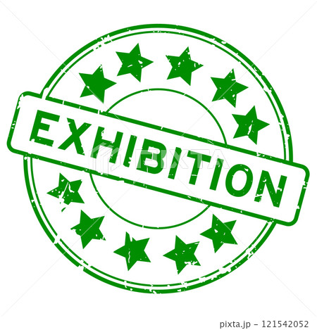 Grunge green exhibition word with star icon round rubber seal stamp on white background 121542052