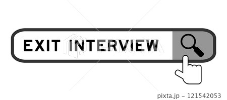 Search banner in word exit interview with hand over magnifier icon on white background 121542053