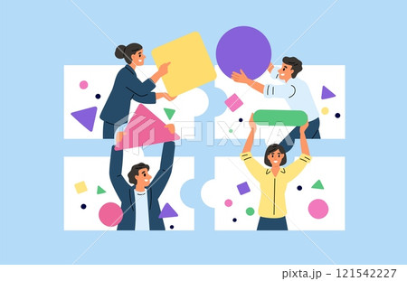 Business team putting puzzle in video chat. Online connect. Joint solution of problem. Virtual communication. Group teleconference. People with geometric shapes. Garish vector concept 121542227