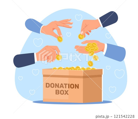Cartoon fundraising process. Hands collect coins in donation box. Financial resources accumulation. Charity assistance. Voluntary fund. Humanitarian support. Vector philanthropy concept 121542228