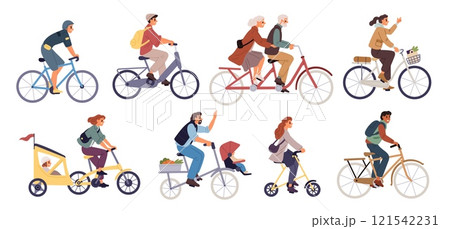 Citizens on bicycles. People ride different bikes. Green transport. Women on bikes. Men baking in park. Elderly couple on tandem. Stroller trailer. Garish vector happy bicyclists set 121542231