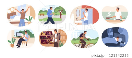 Everyday man routine. Daily guy life activities. Young male day regimen. Supermarket shopping. Leisure and work. Walking in park. Dinner food cooking. Time management. Garish vector set Everyday man routine. Daily guy life activities. Young male day regimen. Supermarket shopping. Leisure and work. Walking in park. Dinner food cooking. Time management. Garish vector set 121542233