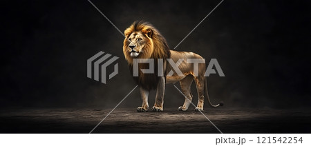 Majestic lion standing tall in a spotlight, exuding power and grace. 121542254