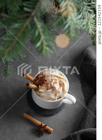 Hot chocolate with whipped cream, cinnamon and anise in a cup on a dark background with fir tree 121542339