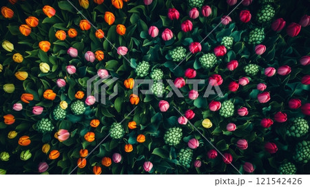 colorful tulip field from above, vibrant floral pattern. spring nature and gardening concept colorful tulip field from above, vibrant floral pattern. spring nature and gardening concept 121542426