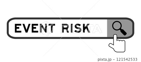 Search banner in word event risk with hand over magnifier icon on white background 121542533
