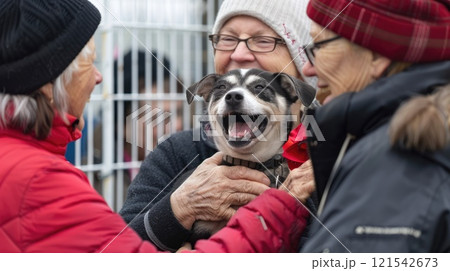 A woman is holding a dog and smiling A woman is holding a dog and smiling 121542673