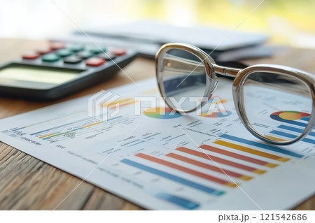 A pair of glasses sits on top of a piece of paper with a calculator A pair of glasses sits on top of a piece of paper with a calculator 121542686