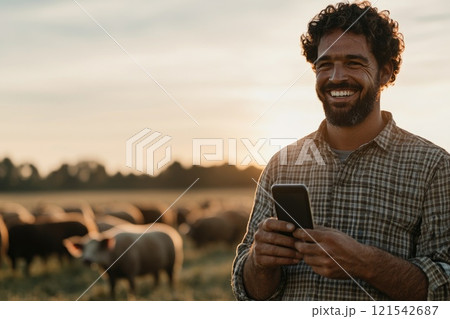 Farmer Using Smartphone to Monitor Livestock Movement Farmer Using Smartphone to Monitor Livestock Movement 121542687
