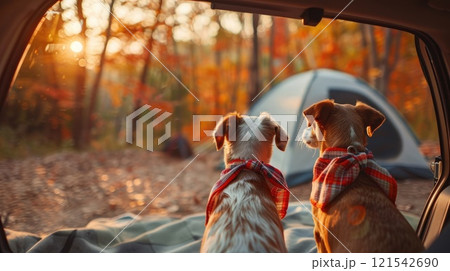 Two dogs are sitting in a car with a tent in the background 121542690