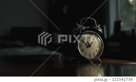 Close-up of alarm clock against black background, An alarm clock on a table surrounded by darkness 121542739