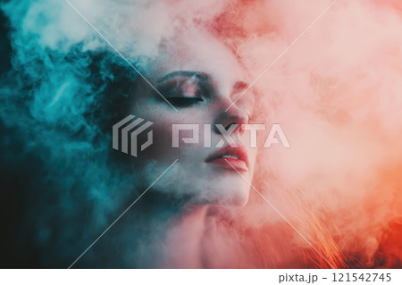 A woman's face is obscured by a cloud of smoke. The woman's face is the only thing visible A woman's face is obscured by a cloud of smoke. The woman's face is the only thing visible 121542745