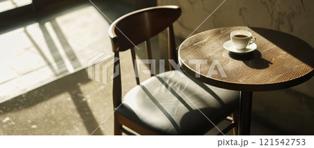 A wooden table with a white cup and saucer on it 121542753