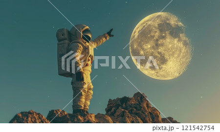 A man in a spacesuit stands on a rocky surface, Touching the moon 121542754