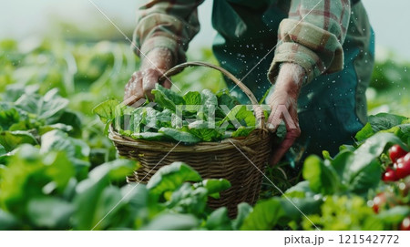 A person is picking vegetables from a garden 121542772