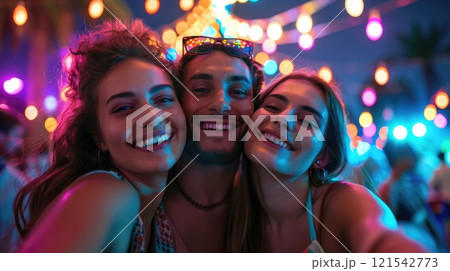 Vibrant Moments: Friends Capturing Memories with a Selfie at a Colorful Music Festival. 121542773