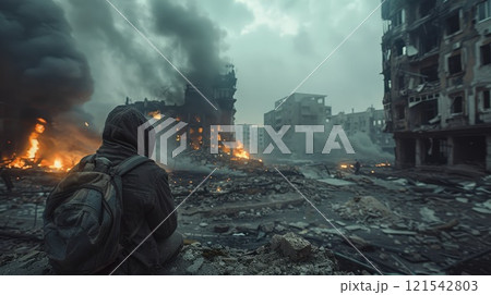 A person is standing in the middle of a city with a backpack on 121542803