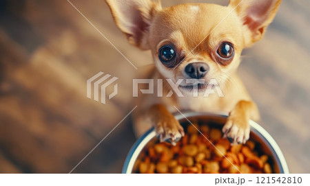 A small brown dog is holding a bowl of food in its mouth 121542810