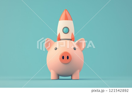 A pig is standing on a blue background with a rocket on its head 121542892