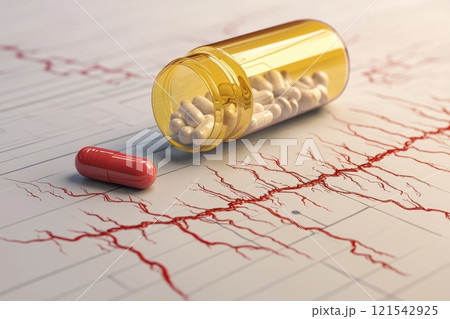 Close-Up of Spilled Medication Capsule and Prescription Bottle on Medical Background Close-Up of Spilled Medication Capsule and Prescription Bottle on Medical Background 121542925