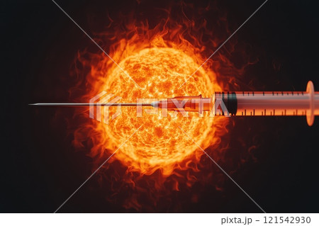 A syringe is inserted into a red sun A syringe is inserted into a red sun 121542930