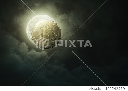 Bitcoin Coin Flies Through Dramatic Night Sky Behind Dark Clouds and Full Moon 121542959