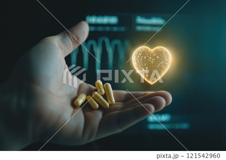 Digital Heart Visualization with Hand Holding Capsules and Heartbeat Monitors in Background 121542960