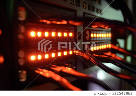 Close-Up of Illuminated Server Lights and Network Cables in Data Center Environment Close-Up of Illuminated Server Lights and Network Cables in Data Center Environment 121542962