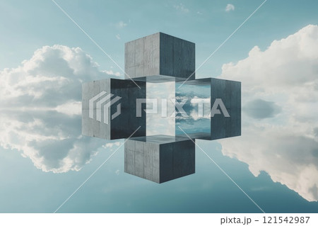 Surreal cityscape with floating geometric structures 121542987